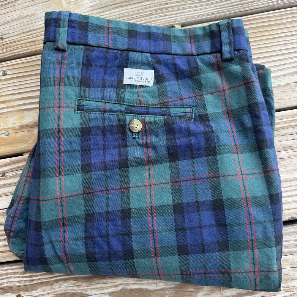 Vineyard Vines Men’s 40x32 Slim Fit Break Black Watch Plaid Tartan Flat Front
